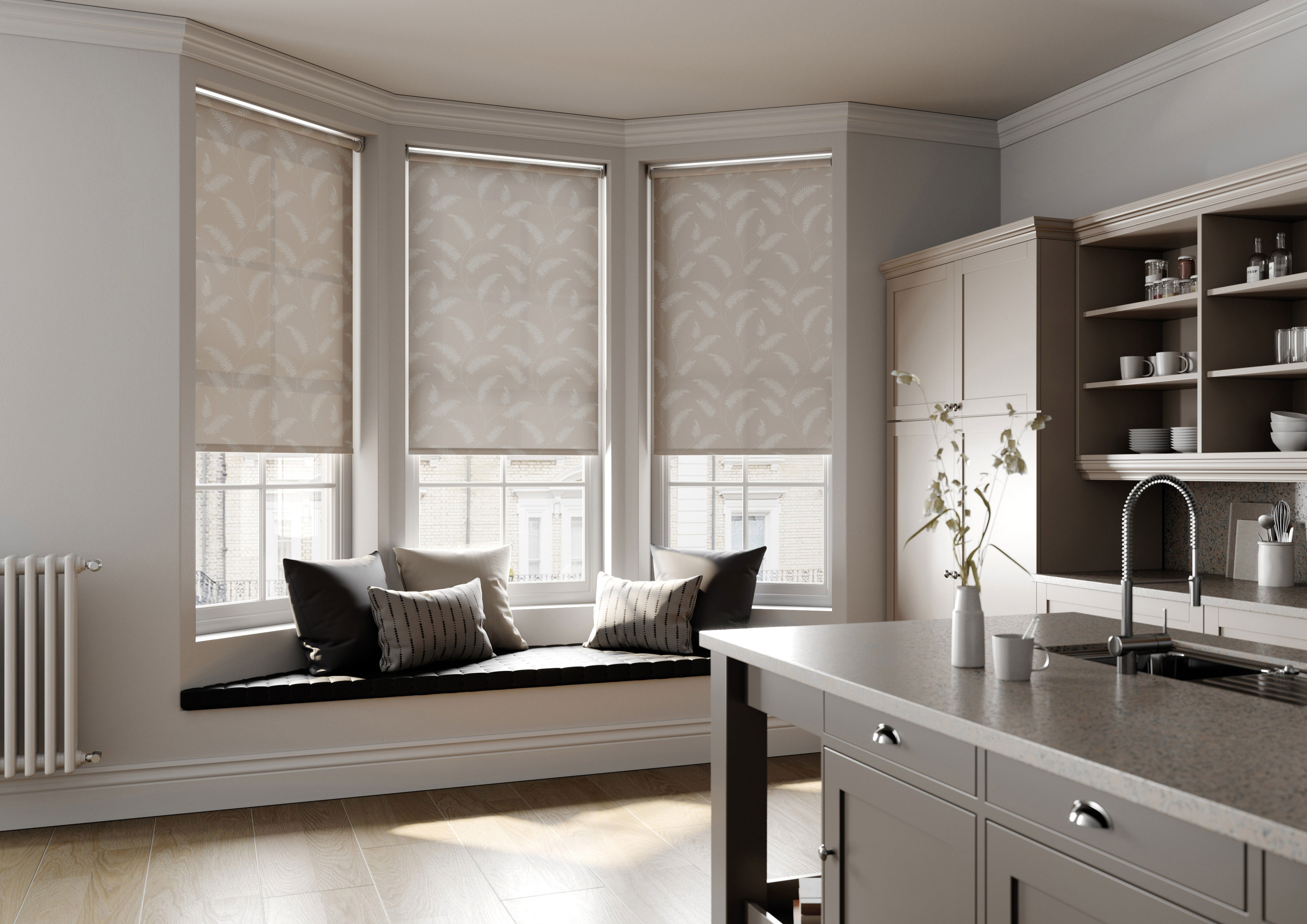 How to update your home for autumn - Bay window seat located in kitchen, with window blinds in Sephora Sand fabric matched with a white back bar