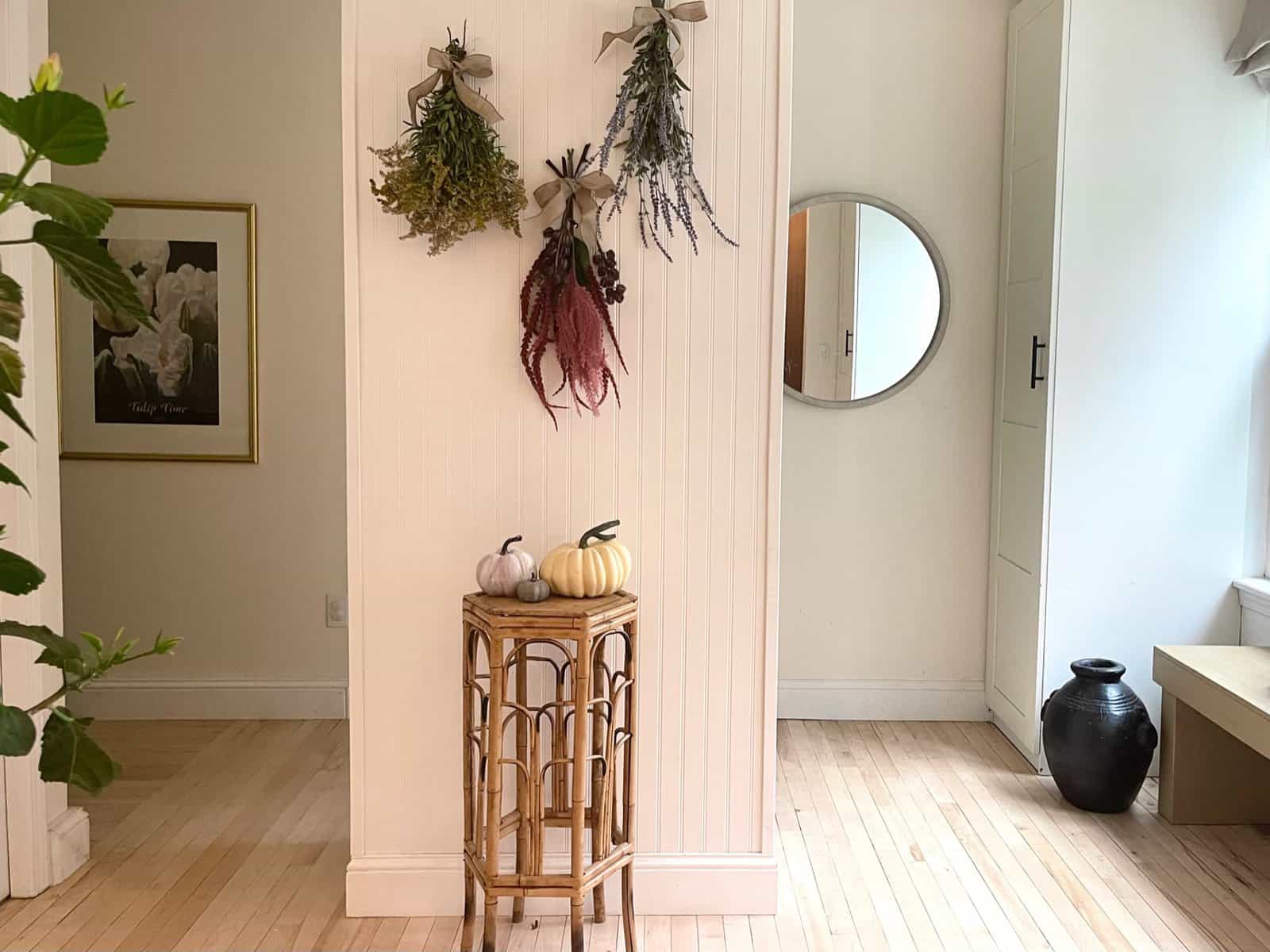Hanging dried flower plants located near entryway
