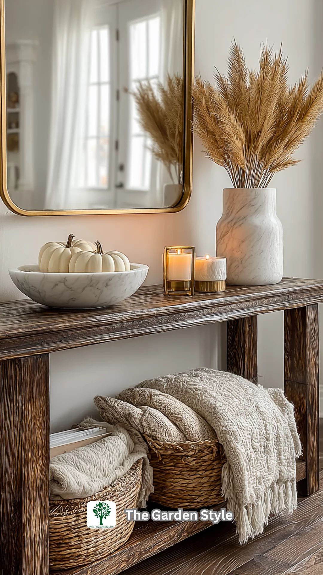 How to update your home for autumn - Image showing side table located near entrance way to a cosy home, packed with earthy hues - perfect for the Autumn season